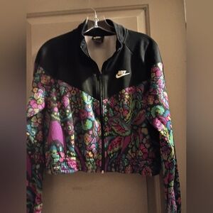 Nike Women's Black and Vibrant Patterned Bomber Jacket Size L